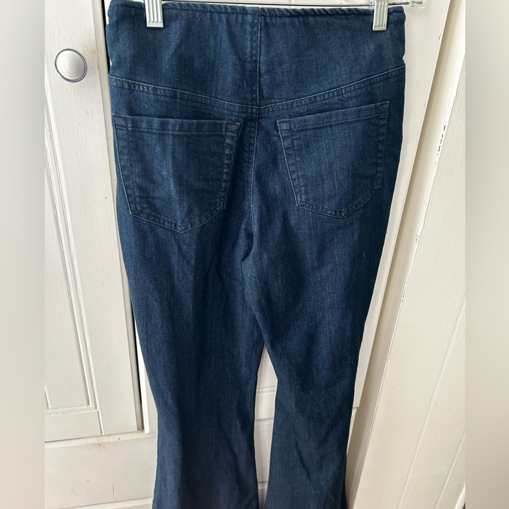 EUC INC DESIGN Gold Button Dark Blue Jeans Pull-On Flare Wide Leg ๐TRENDY! - Picture 16 of 16